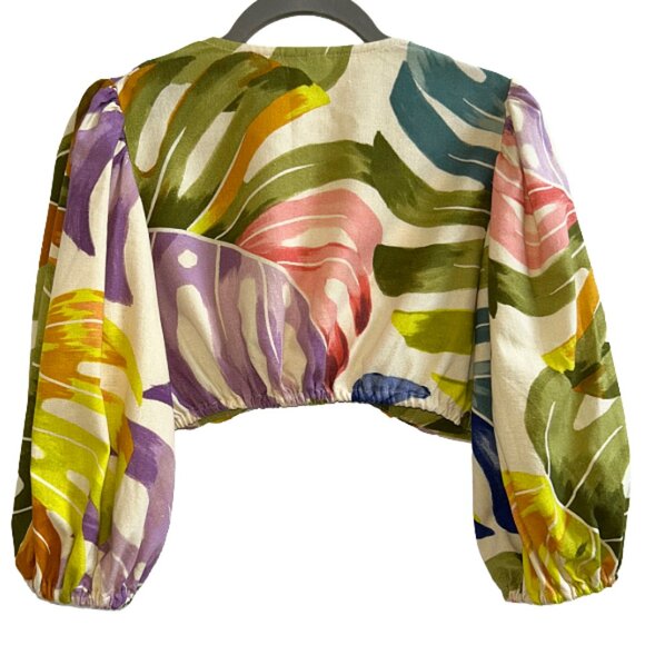 Farm Rio Tropical Multicolor Puff Sleeve Cropped Wrap Blouse Top Designer Small - Picture 3 of 5